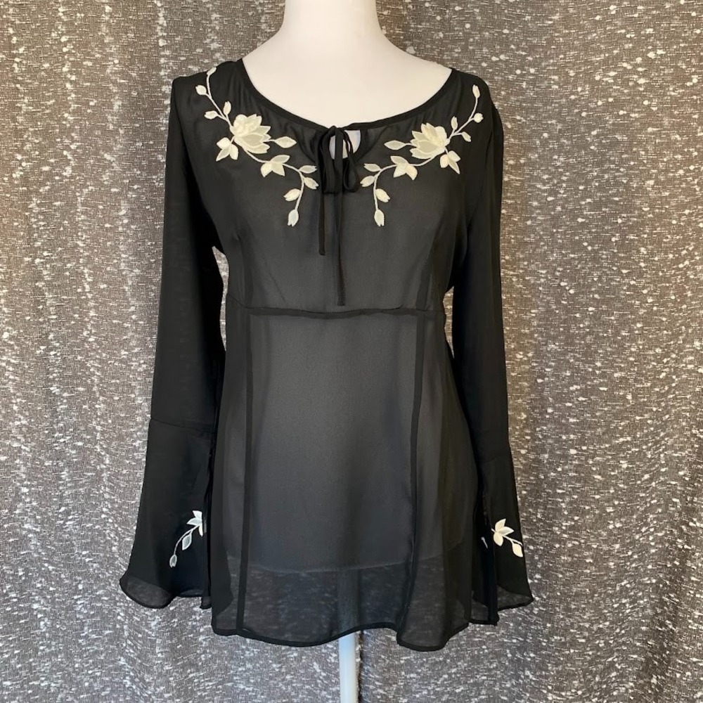 Vintage Y2K Apostrophe Embroidered Sheer Long‎ Sleeve Shirt Boho Women's 10